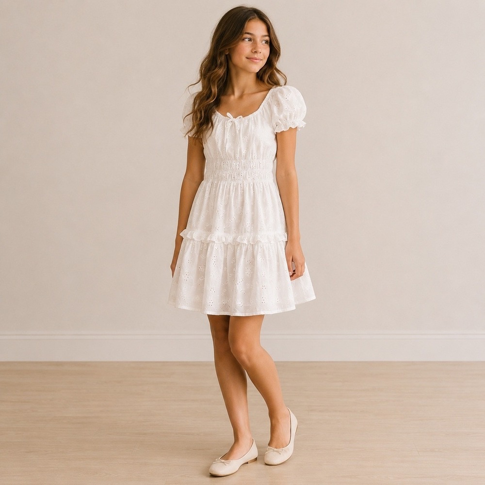 Art Class Girls White Eyelet Tiered Dress Smocked Waist Puffβ Sleeve M NWT